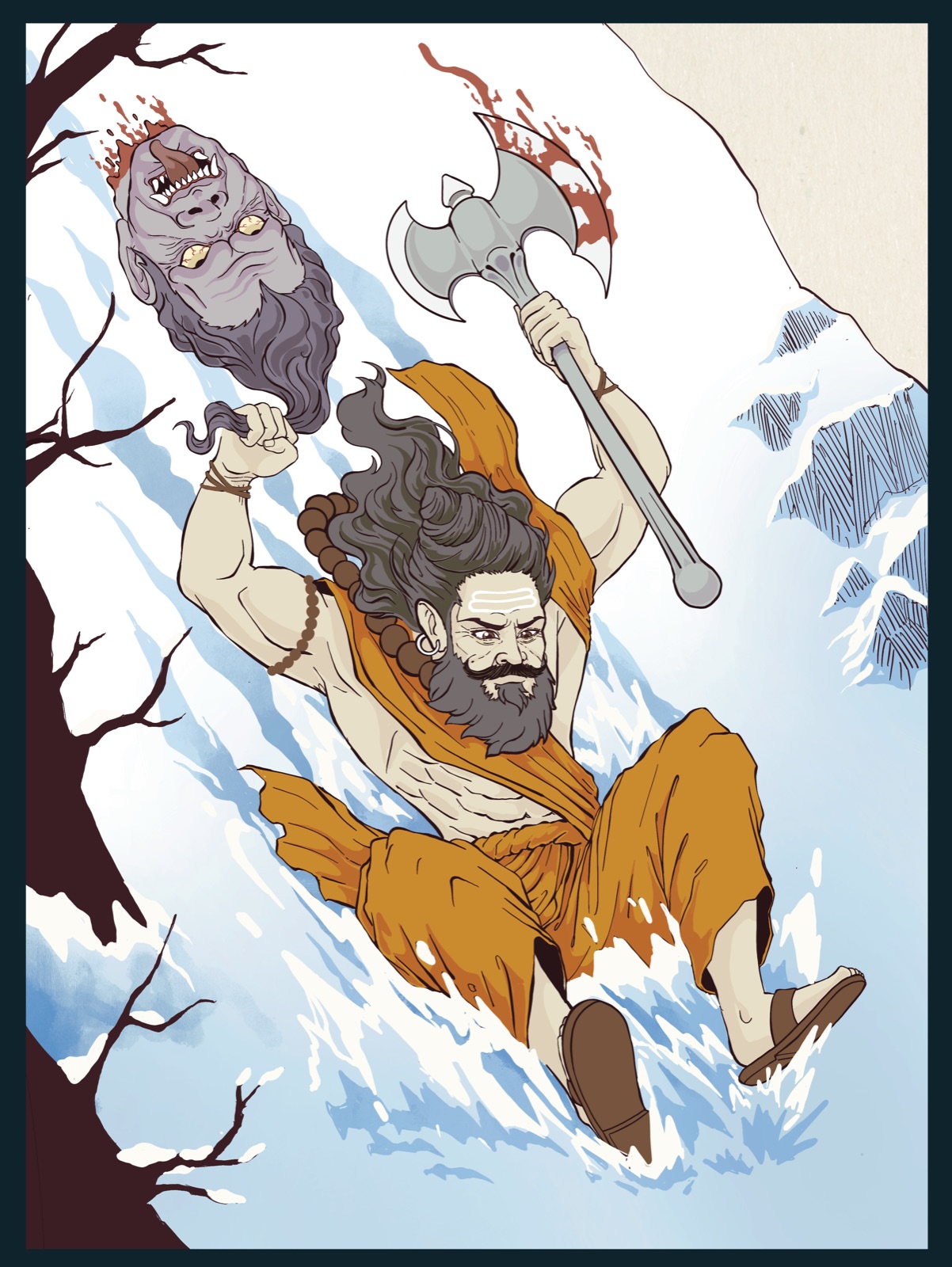 A warrior sage leaping down a snowy slope with a bloodied axe and a severed demon head
