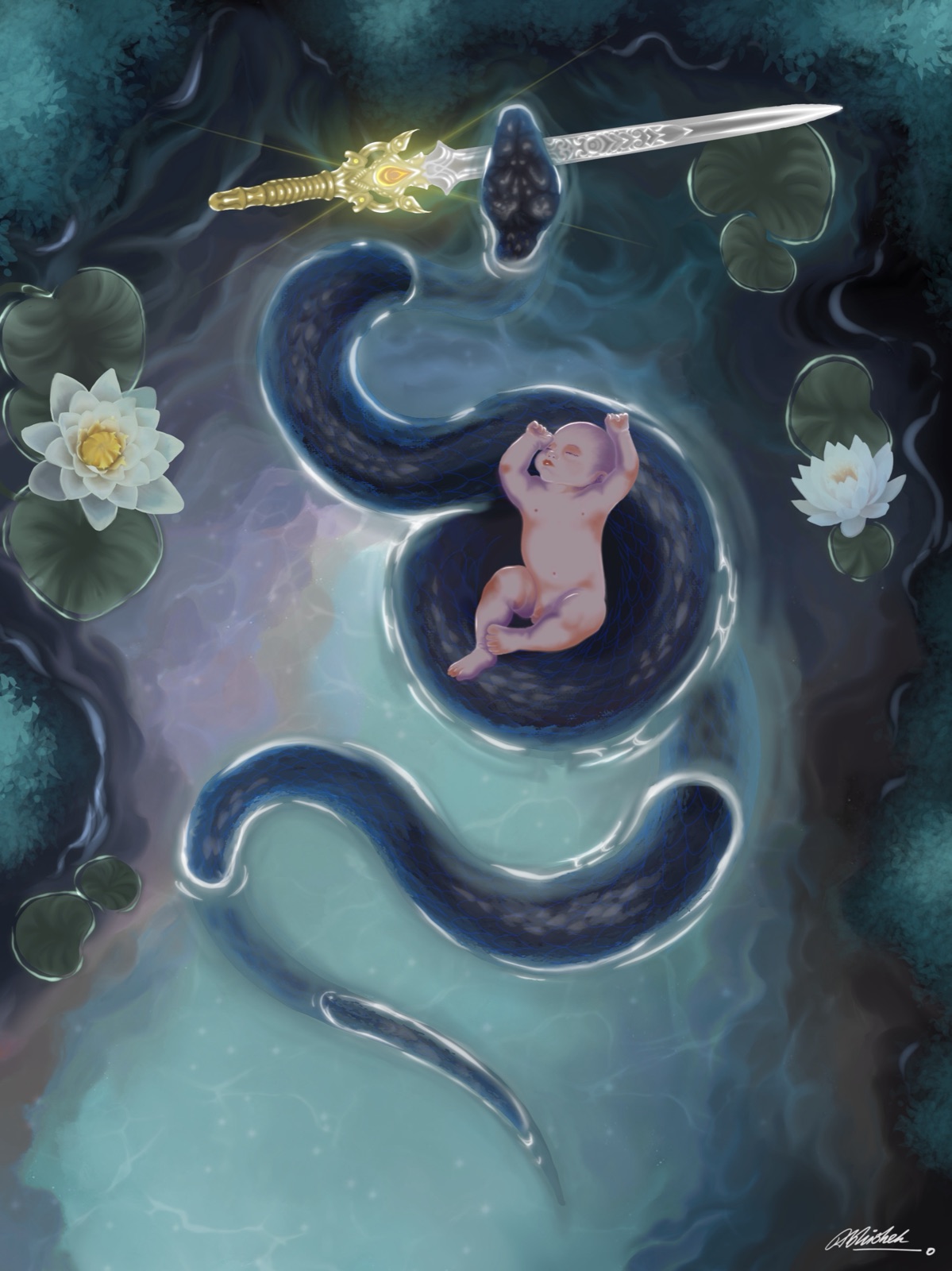 An S-curved naga coils protectively around a sleeping infant, a glowing sword suspended above its head, framed by water lilies