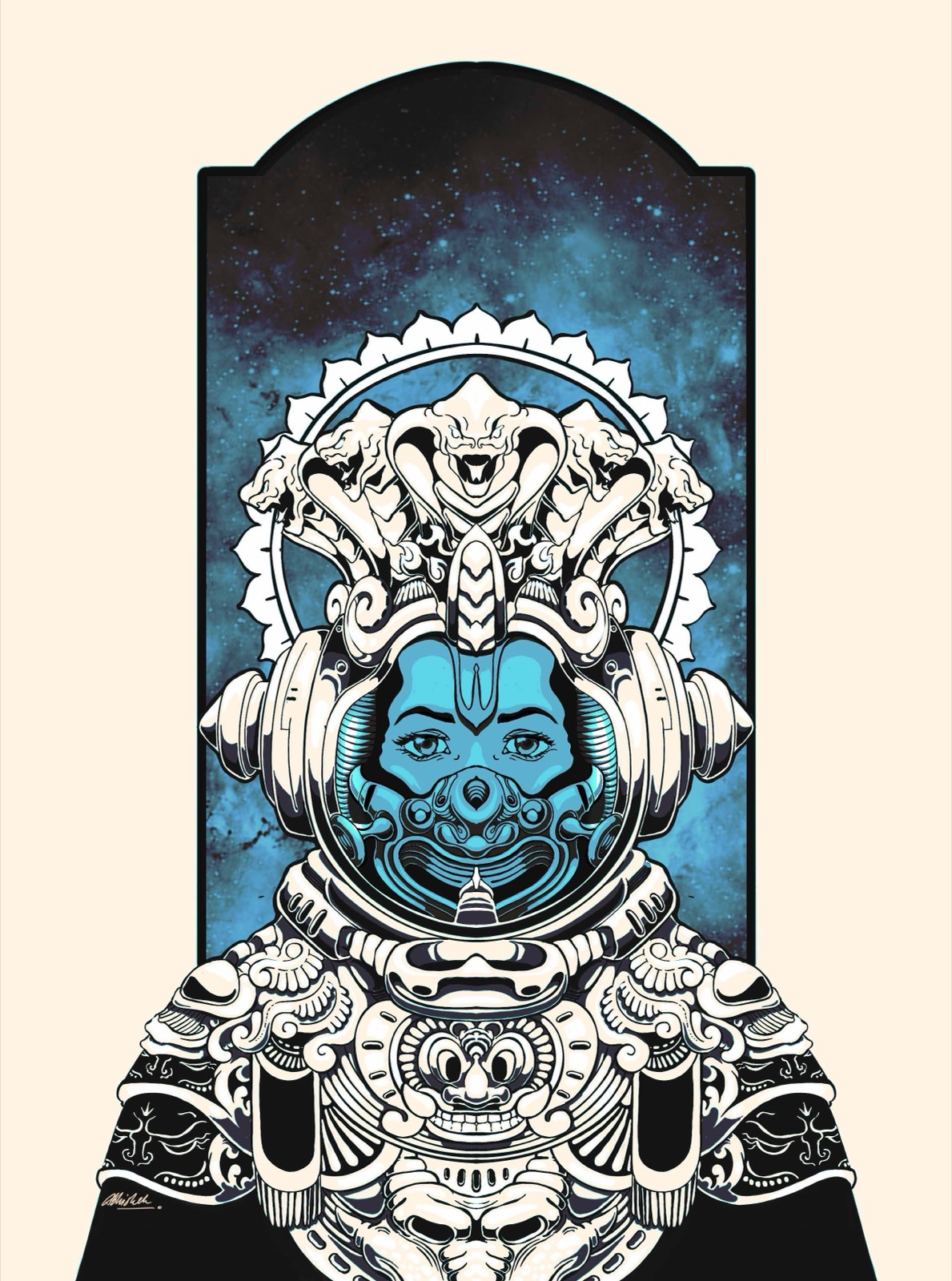 A five-hooded naga deity rendered as an astronaut, helmet framed by serpent heads against a starfield