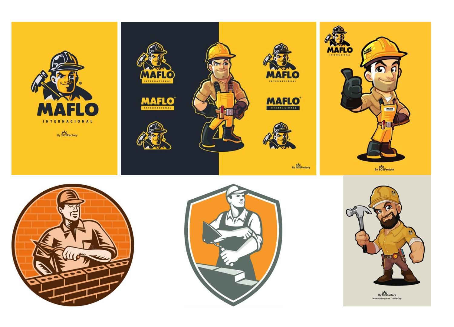Mood board of construction-industry mascot logos, including the MAFLO worker character