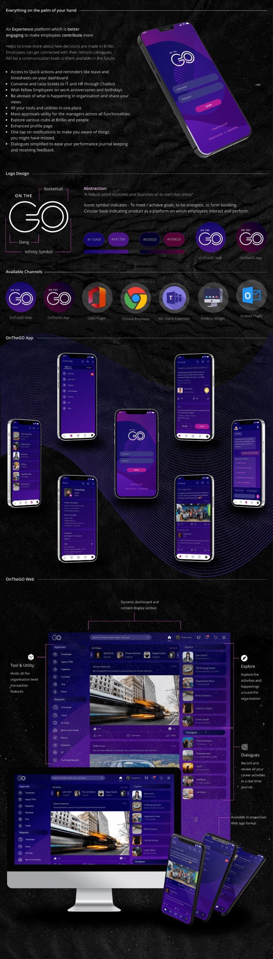 In The Loop shown on device mockups with logo and palette breakdown