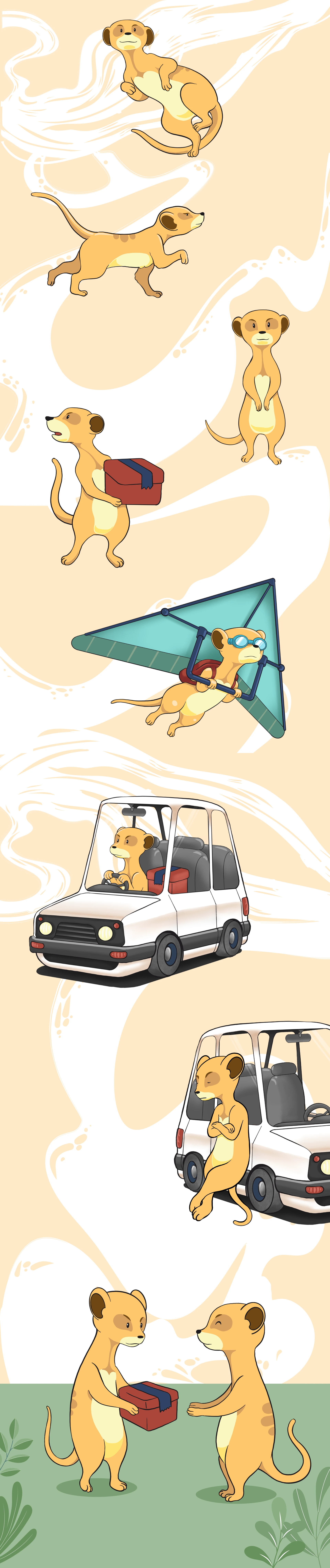 Board of Onya mascot illustrations: carrying parcels, hang gliding and driving a delivery van