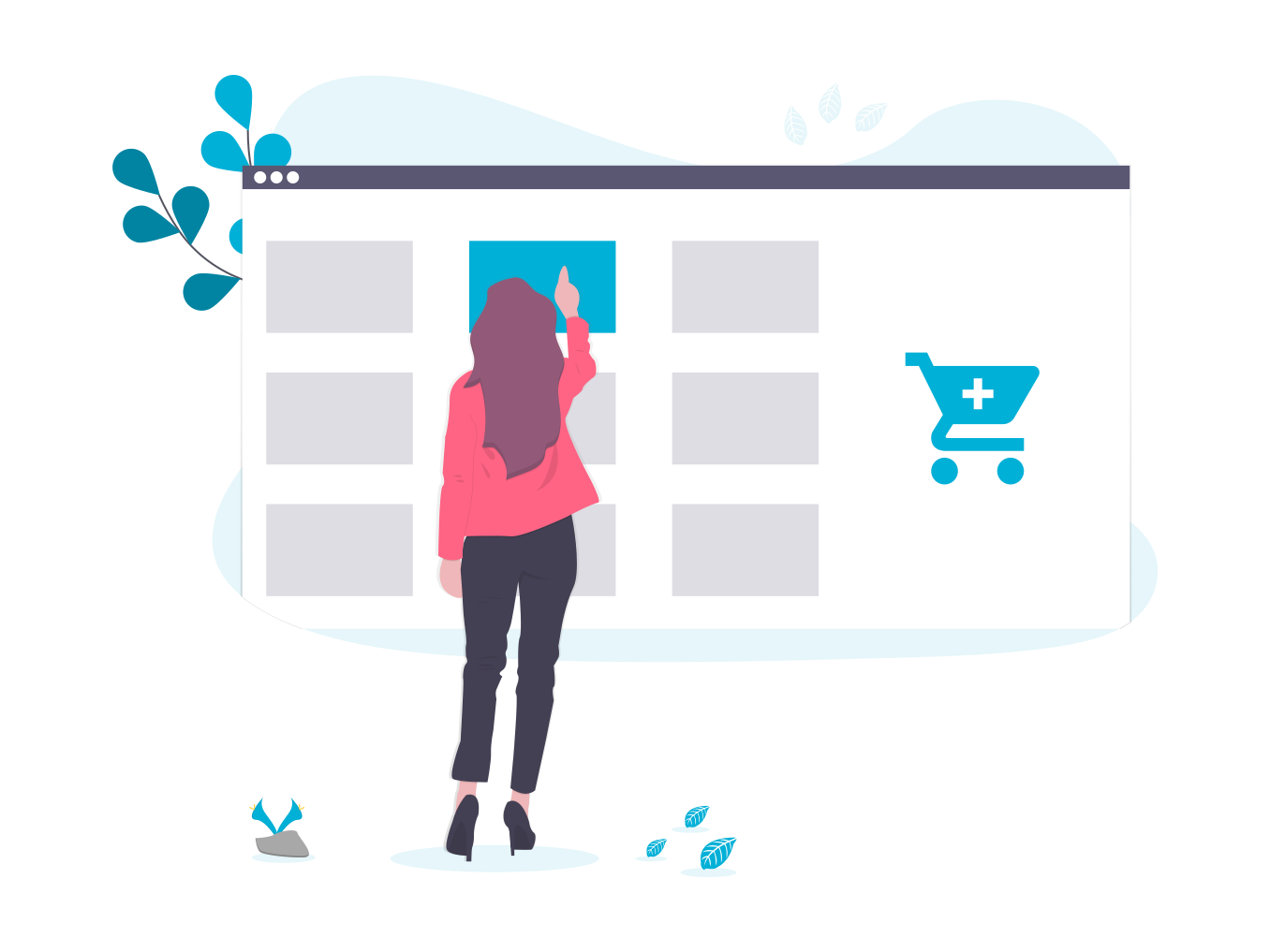 A person browsing a storefront grid with a shopping cart icon